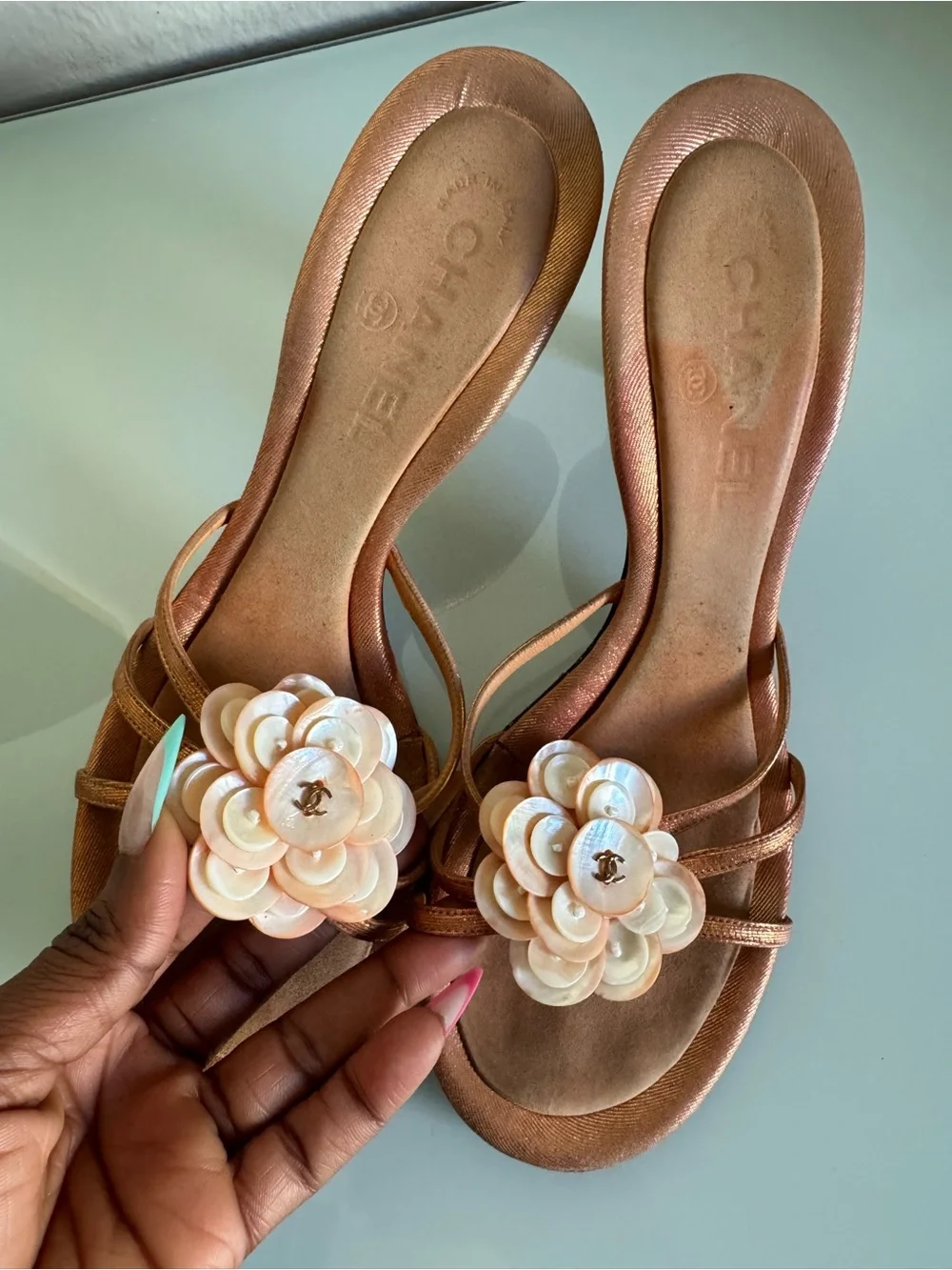 Authentic CHANEL Rose Gold Camellia Slide Sandals